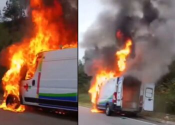 VÍDEO: ambulância que levava grávida de 9 meses para consulta pega fogo em rodovia do ES